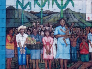 photo of a wall mural of Romero, left side detail